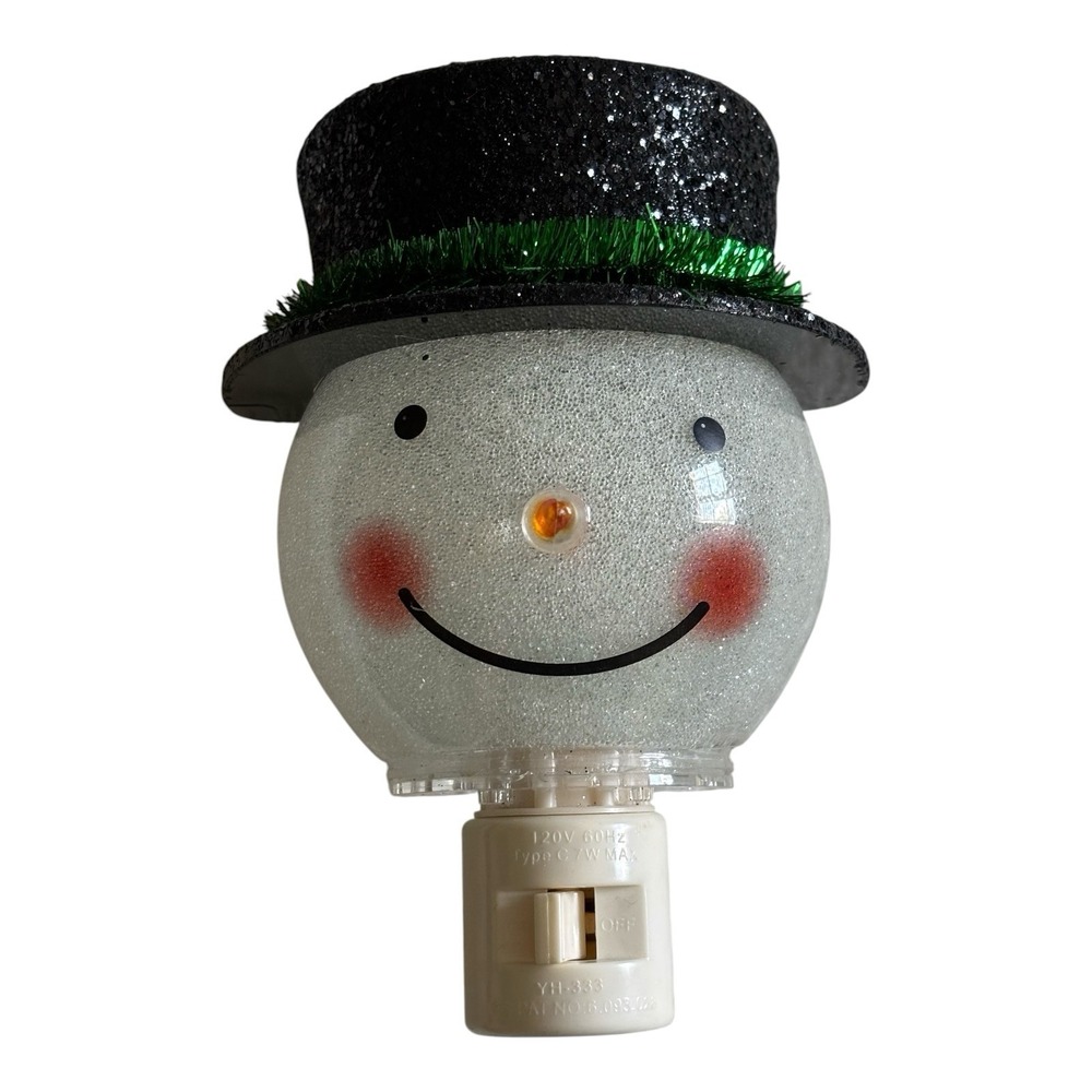 Vintage Snowman Plug-In Night Light Hard Plastic Glitter Top Hat On/Off Switch
